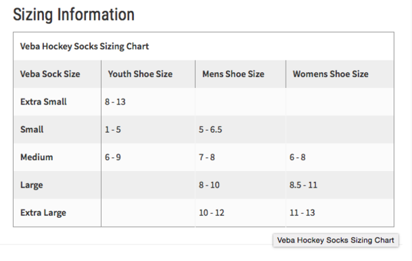 Veba Kevlar Cut Resistant Hockey Socks Size Chart